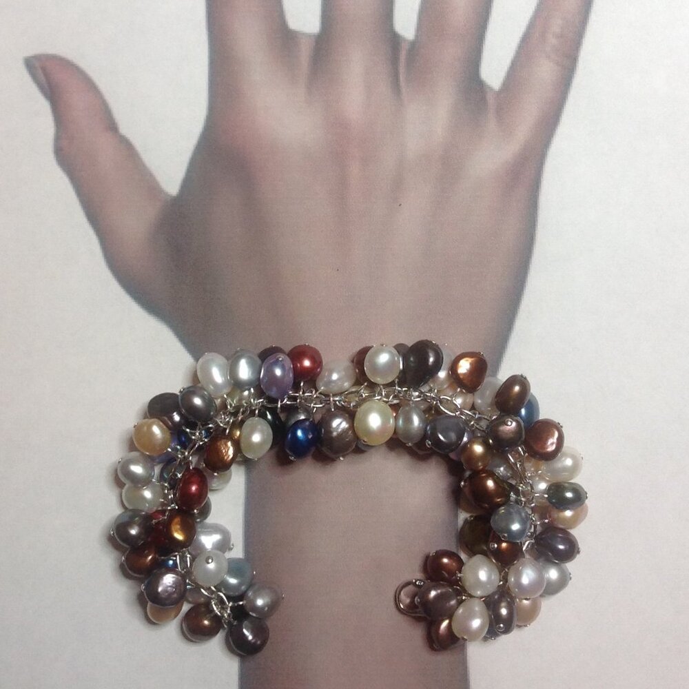 Silver Links Cable Chain Dangling Multi Color Freshwater Pearl Bracelet